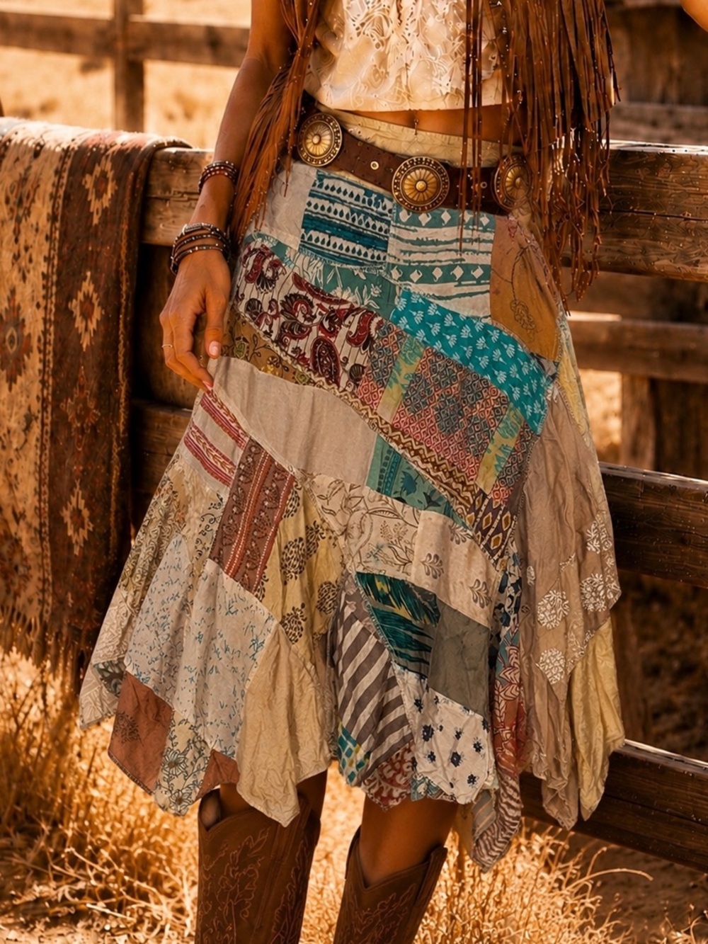 Jaded Gypsy Patchwork Boho Midi Skirt - Beige Teal Shark-bite hem Size S-M $140